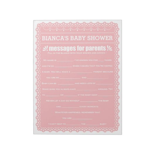 Bloc-note Message pour les parents Pink Papel Picado Baby sh (Tourné)