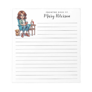 Bloc-note Mignonne Fille Avec Lunettes Café Et Chien