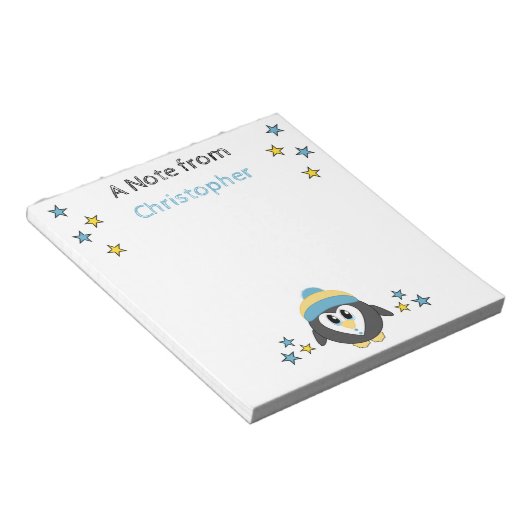 Bloc-note Mignonnes étoiles de pingouin et nom enfants bleus (Incliné)