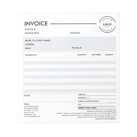 Bloc-note Minimalist Custom Business Invoice Sales Receipt (Devant)