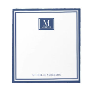 Bloc-note Minimaliste Deux Bordures Monogramme Nom Bleu Mari