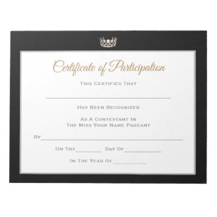 Bloc-note Miss USA style Pageant Certificats-Participation