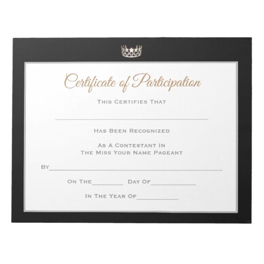 Bloc-note Miss USA style Pageant Certificats-Participation (Devant)