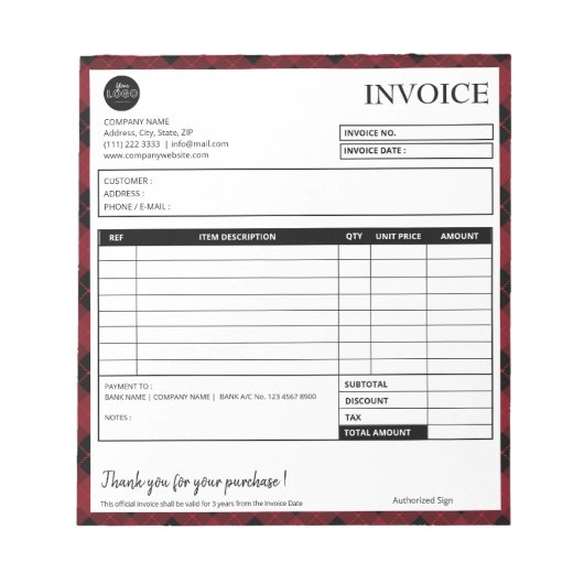 Bloc-note Modèle de facture commerciale frontière minimale (Devant)