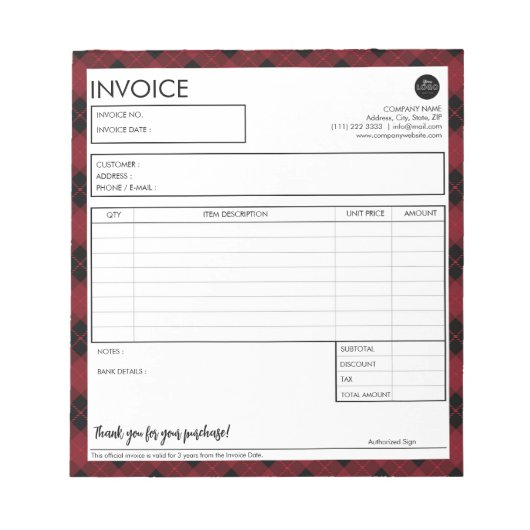 Bloc-note Modèle de facture simple avec une bordure à carrea (Devant)