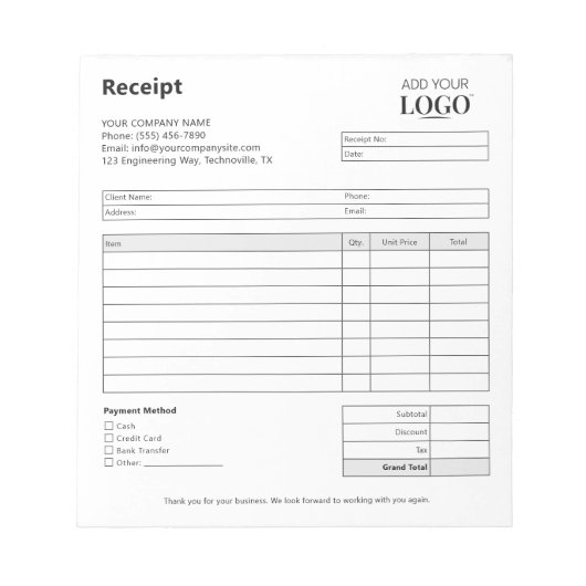 Bloc-note Modèle de réception de vente | Formulaire commerci (Devant)