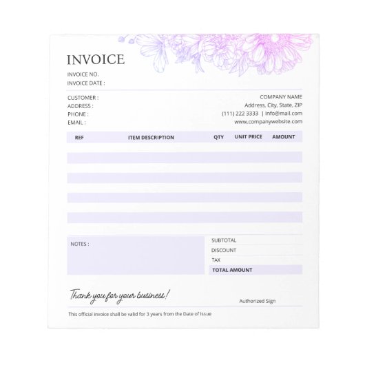 Bloc-note Modèle de vente de factures commerciales florales (Devant)