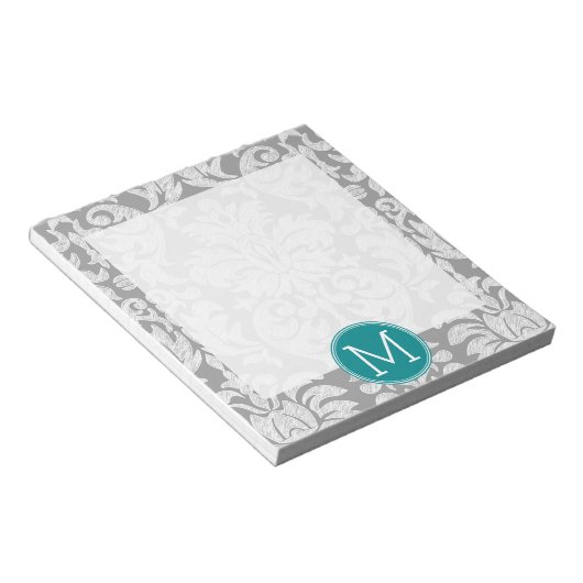 Bloc-note Modèle gris chic et Damas Turquoise Monogramme per (Incliné)