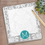Bloc-note Modèle gris chic et Damas Turquoise Monogramme per<br><div class="desc">Ajoutez vos monogrammes à ces damas à fleurs tendance et féminines aux couleurs populaires. Le damas a un aspect de tableau noir fantaisiste.</div>