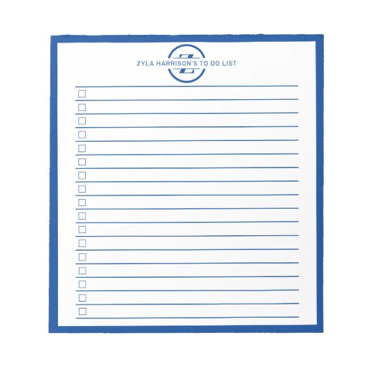 Bloc-note Modern Blue Monogram Name To Do List (Devant)