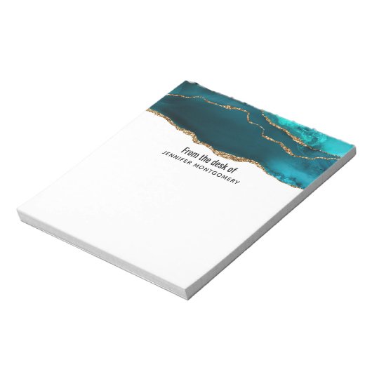 Bloc-note Moderne Design Turquoise & Or Agate sur blanc (Tourné)