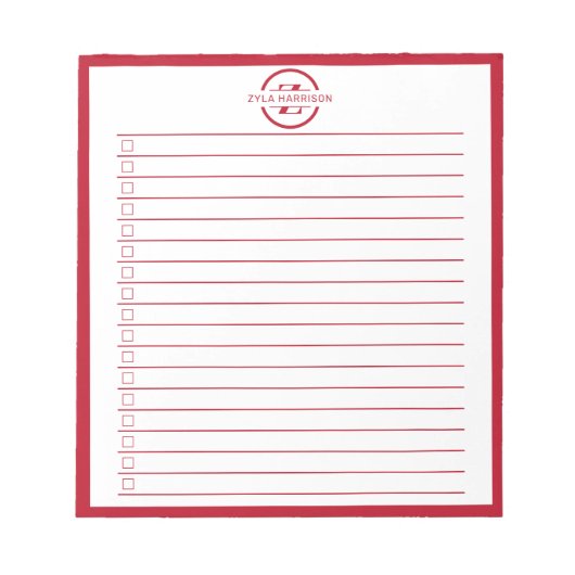 Bloc-note Monogram Minimalist Red Name To Do List (Devant)