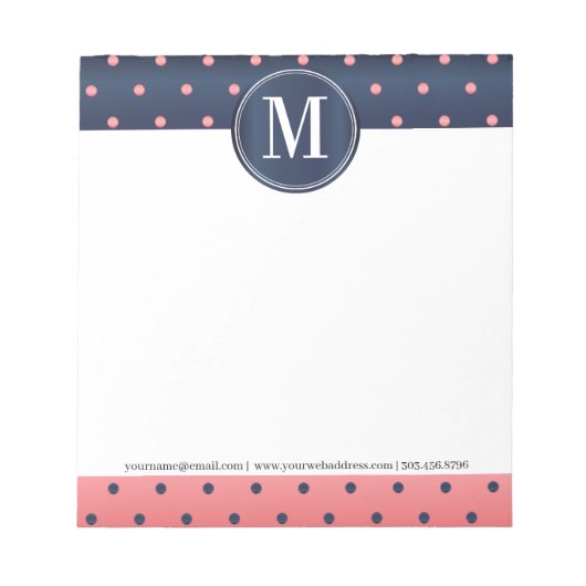Bloc-note Monogramme Bleu Ardoise et Polka Dots Corail (Devant)