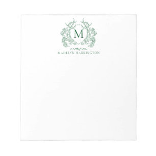 Bloc-note Monogramme de crête florale verte vintage classiqu