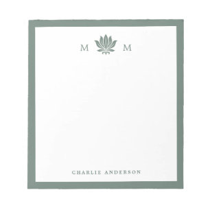 Bloc-note Monogramme de fleur de lotus vert pin poussiéreux