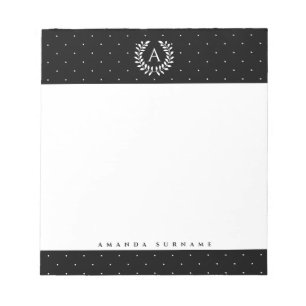Bloc-note Monogramme de laurier blanc sur fond noir Petits p