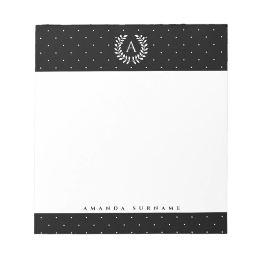 Bloc-note Monogramme de laurier blanc sur fond noir Petits p (Devant)