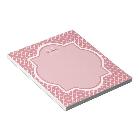 Bloc-note Monogramme de Quatrefoil Rose Chic Avec Nom (Incliné)