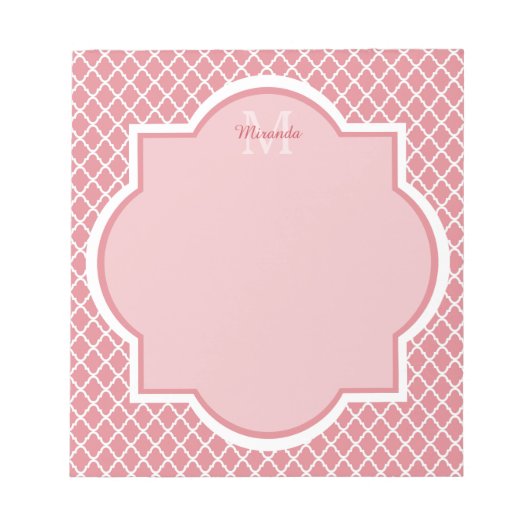 Bloc-note Monogramme de Quatrefoil Rose Chic Avec Nom (Devant)