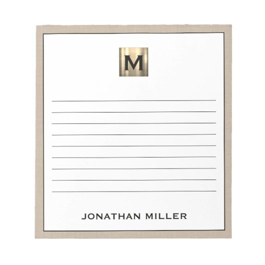 Bloc-note Monogramme d'or en lin beige personnalisé (Devant)