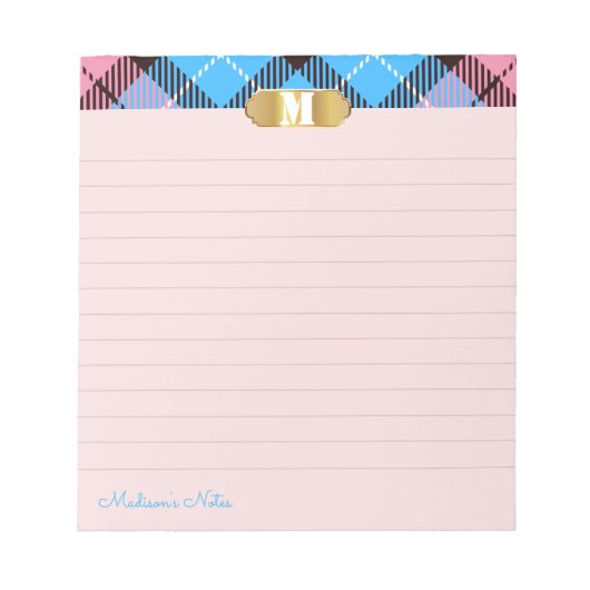 Bloc-note Monogramme doré Tartan moderne Script Apricot Liné (Devant)