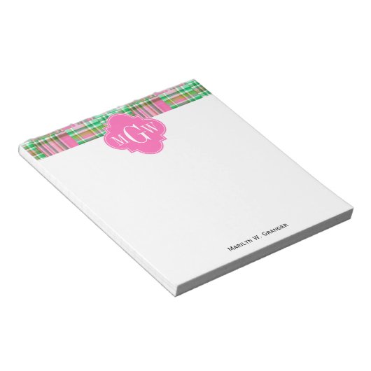 Bloc-note Monogramme Emerald Hot rose Preppwork Madras (Incliné)