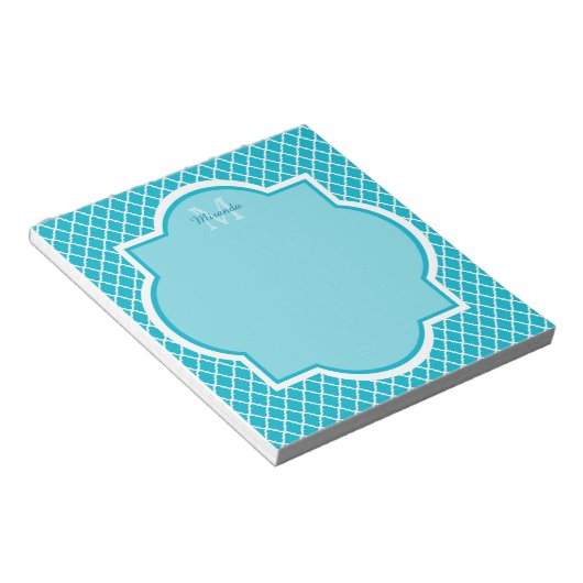 Bloc-note Monogramme et nom de Quatrefoil bleu turquoise cla (Incliné)