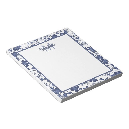 Bloc-note Monogramme floral bleu et gris (Incliné)