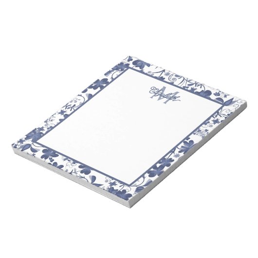 Bloc-note Monogramme floral bleu et gris (Tourné)