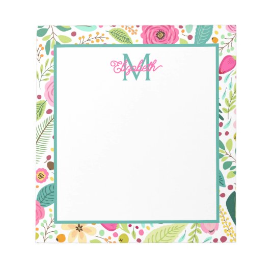 Bloc-note Monogramme floral de printemps rose et sarcelle (Devant)