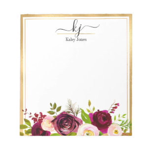 Bloc-note Monogramme floral rose rose de Bourgogne botanique
