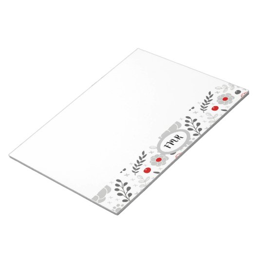 Bloc-note Monogramme floral rouge gris moderne (Incliné)