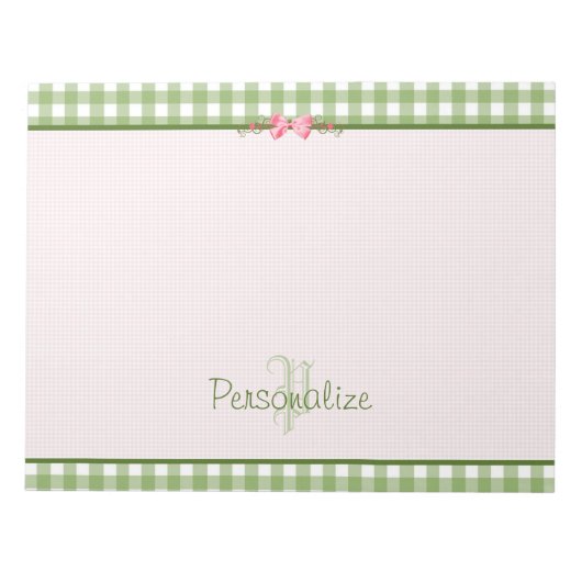 Bloc-note Monogramme Gingham Vert Féminin Avec Nom (Devant)