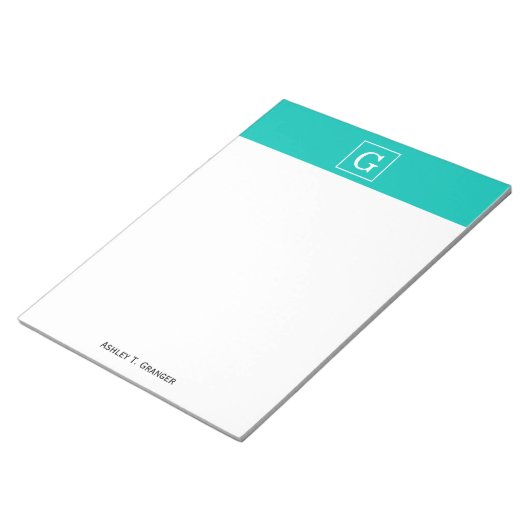 Bloc-note Monogramme initial turquoise blanc encadré (Incliné)