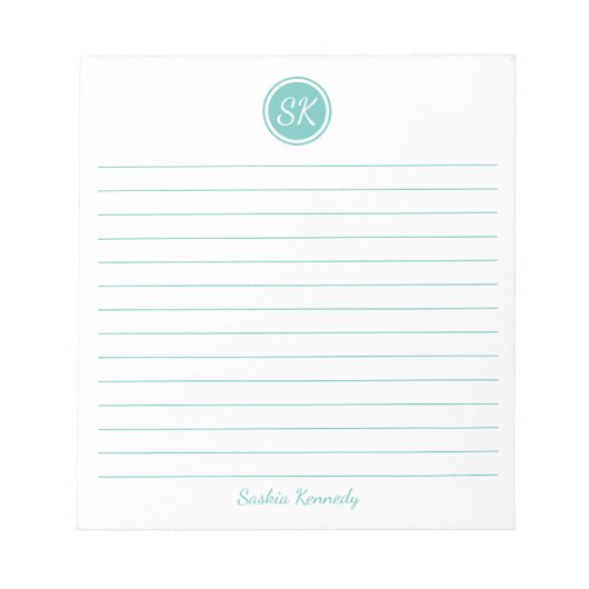 Bloc-note Monogramme linéaire d'aqua simple et élégant Nom (Devant)