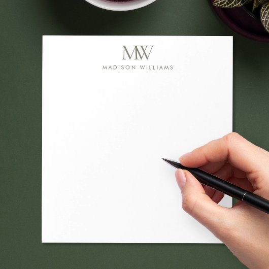 Bloc-note Monogramme Moderne Élégant Simple Vert Olive