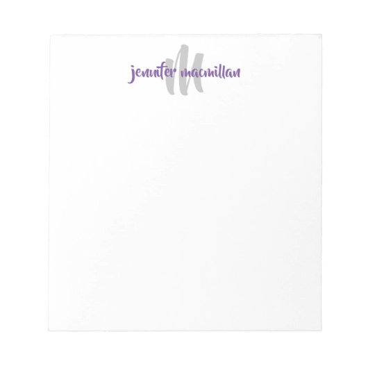 Bloc-note Monogramme moderne Initiale, Gris Violet Personnal (Devant)