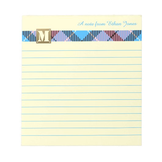 Bloc-note Monogramme moderne Nom du script Tartan Canary Lin (Devant)
