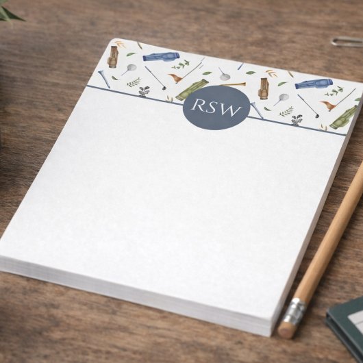 Bloc-note Monogramme motif golf bleu et vert aquarelle