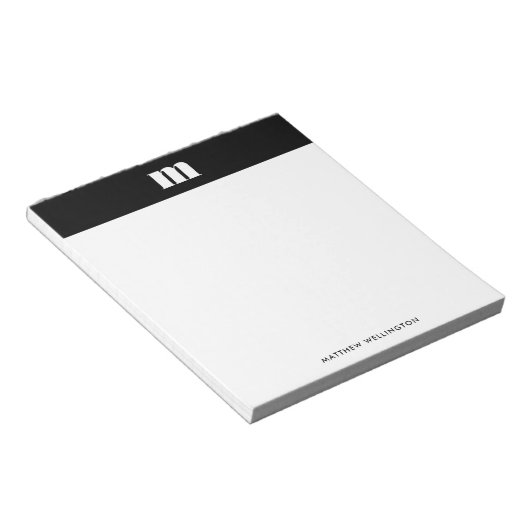 Bloc-note Monogramme personnalisé noir et blanc uni minimali (Incliné)