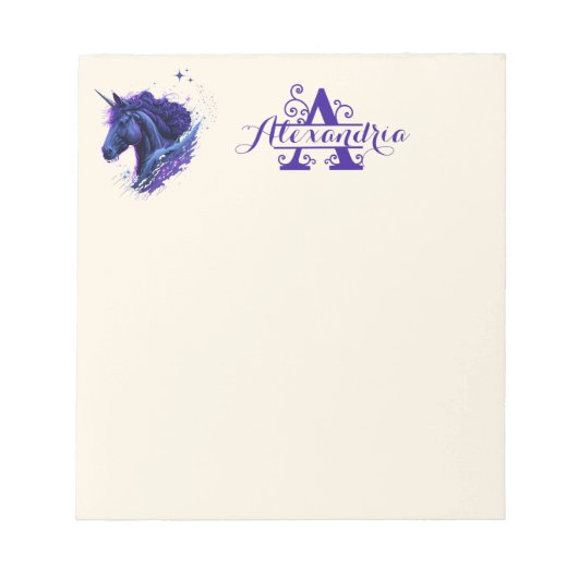 Bloc-note Monogramme Prénom Bleu Violet Licorne Magie (Devant)