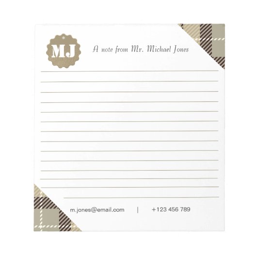 Bloc-note Monogramme professionnel élégant Script Tartan (Devant)