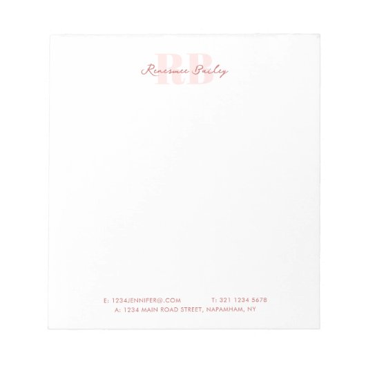 Bloc-note Monogramme rose et blanc minimal (Devant)
