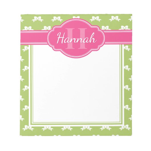 Bloc-note Monogramme rose Motif blanc vert (Devant)