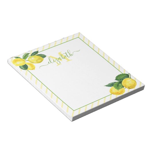 Bloc-note Monogramme rustique citrons d'aquarelle rayures (Incliné)