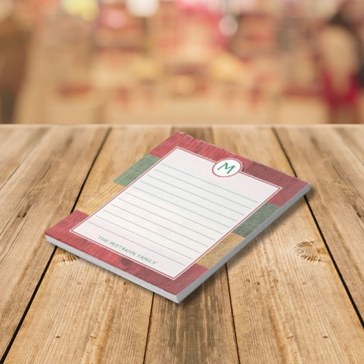 Bloc-note Monogramme rustique Rouge Vert Or Nom de bois Noël