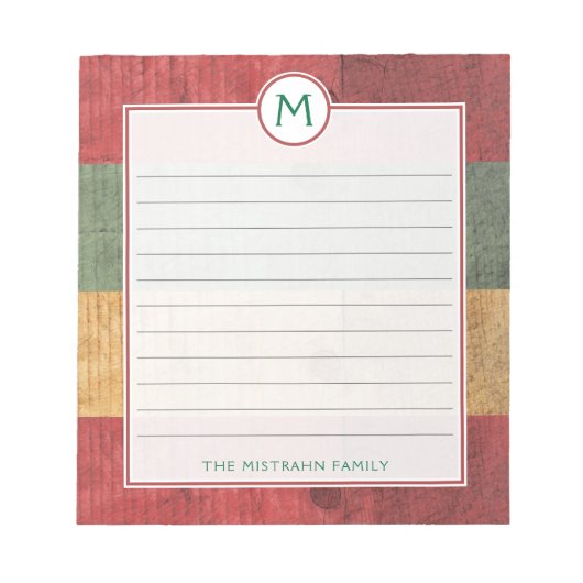 Bloc-note Monogramme rustique Rouge Vert Or Nom de bois Noël (Devant)