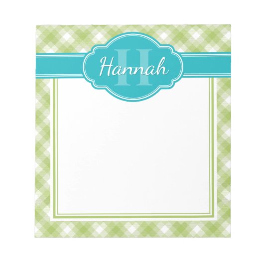 Bloc-note Monogramme Turquoise vert blanc Plaid Motif (Devant)