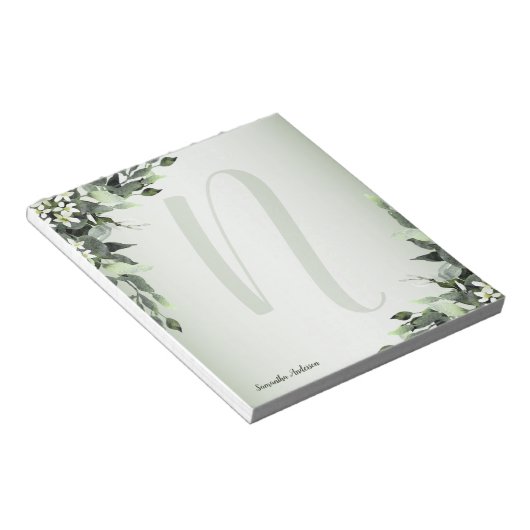 Bloc-note Monogramme Vert Floral Eucalyptus Feuilles (Incliné)