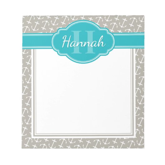 Bloc-note Motif Ancre blanc gris Turquoise Monogramme (Devant)